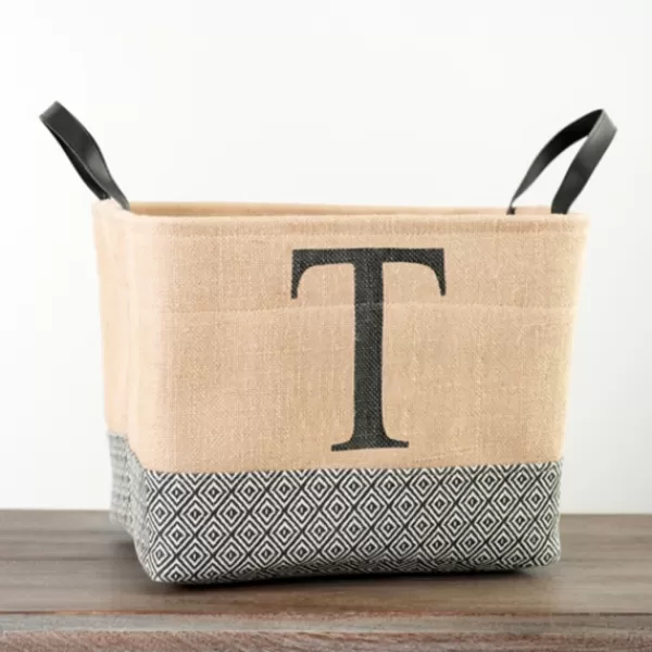 Baskets & Boxes-Kirkland's Home Monogrammed T Black Diamond Jute Storage Bin Tan