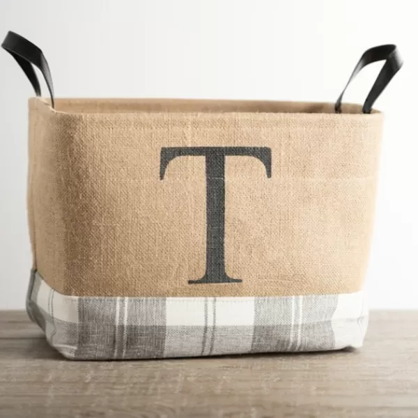 Baskets & Boxes-Kirkland's Home Monogrammed T Gray Plaid Leather Handle Jute Bin Tan