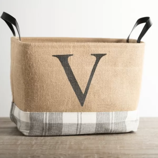 Baskets & Boxes-Kirkland's Home Monogrammed V Gray Plaid Leather Handle Jute Bin Tan