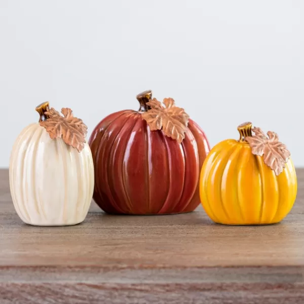 Decorative Accents-Kirkland's Home Multicolor Ceramic Pumpkins, Set Of 3 Orange/Red/Ivory