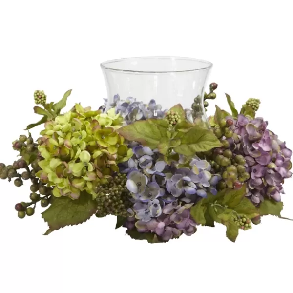 Arrangements & Greenery-Kirkland's Home Multicolor Hydrangea And Berry Candle Centerpiece Green/Blue/Purple