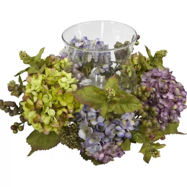 Arrangements & Greenery-Kirkland's Home Multicolor Hydrangea And Berry Candle Centerpiece Green/Blue/Purple