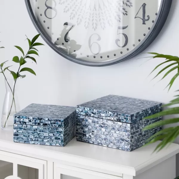 Baskets & Boxes-Kirkland's Home Multicolor Mother Of Pearl Coastal Boxes, Set Of 2 Blue/Green/White