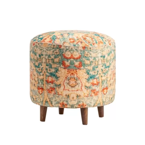 Benches & Ottomans-Kirkland's Home Multicolor Patterned Wood Ottoman Stool Blue/Orange/Ivory
