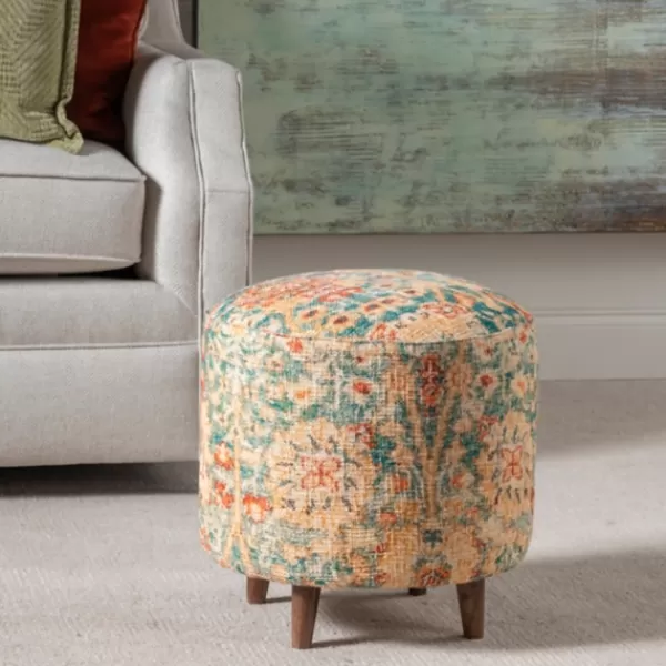 Benches & Ottomans-Kirkland's Home Multicolor Patterned Wood Ottoman Stool Blue/Orange/Ivory