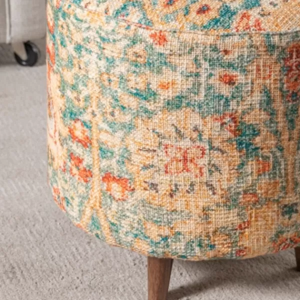 Benches & Ottomans-Kirkland's Home Multicolor Patterned Wood Ottoman Stool Blue/Orange/Ivory