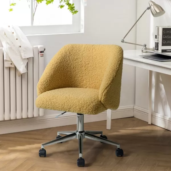 Office Furniture-Kirkland's Home Mustard Sherpa Upholstered Swivel Office Chair Yellow