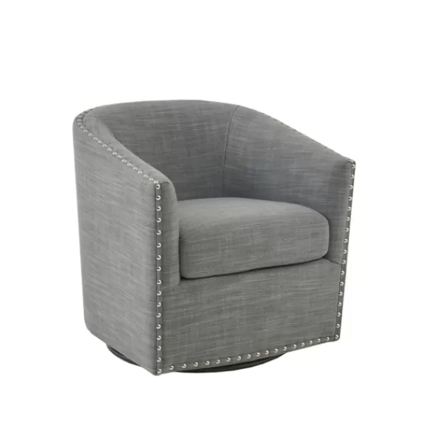 Accent Chairs-Kirkland's Home Nailhead Swivelling Barrel Accent Chair Gray