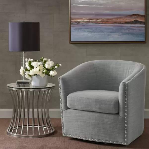 Accent Chairs-Kirkland's Home Nailhead Swivelling Barrel Accent Chair Gray