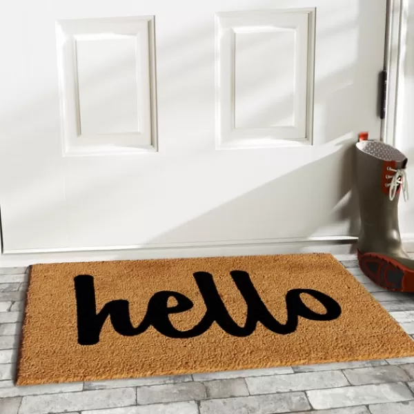 Doormats-Kirkland's Home Natural And Black Coir Hello Doormat, 29X17 In. Tan/Black