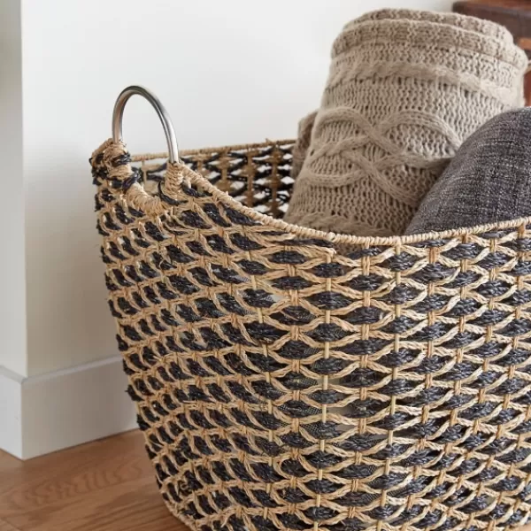 Baskets & Boxes-Kirkland's Home Natural And Black Seagrass Diamond Weave Basket Brown/Black