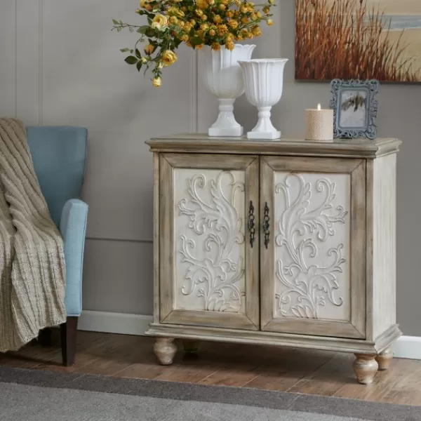 Cabinets & Sideboards-Kirkland's Home Natural And Cream Two-Tone Whitt Cabinet Tan