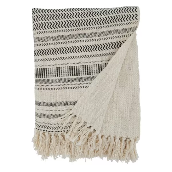 Blankets & Throws-Kirkland's Home Natural Block Print Throw With Fringe Ivory/Gray