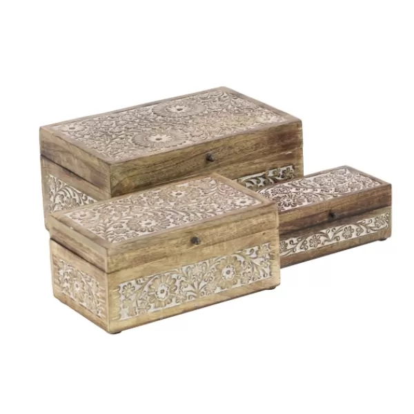 Baskets & Boxes-Kirkland's Home Natural Floral Carved Wood Boxes, Set Of 3 Brown/White