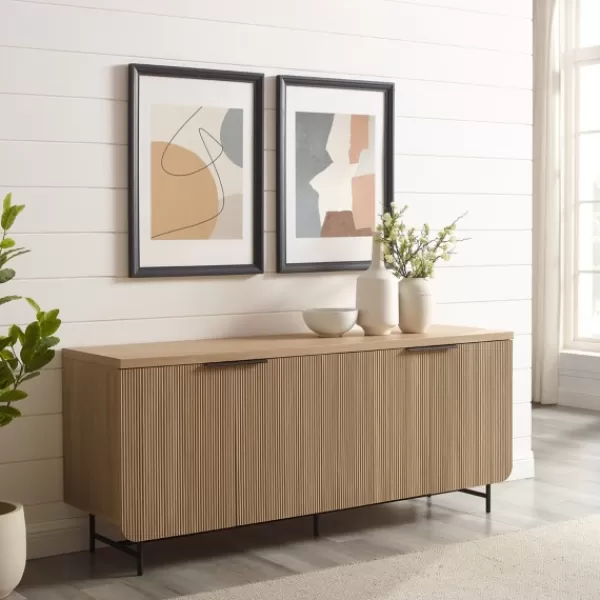 Cabinets & Sideboards-Kirkland's Home Natural Fluted Wood 4-Door Scandinavian Cabinet Tan