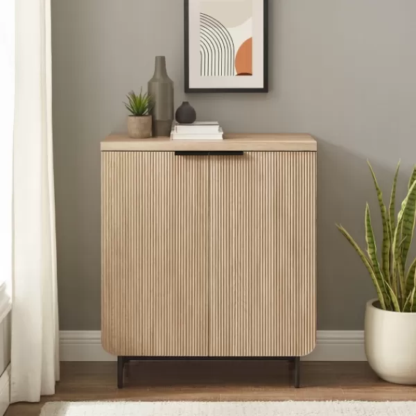 Cabinets & Sideboards-Kirkland's Home Natural Fluted Wood Scandinavian Cabinet Tan