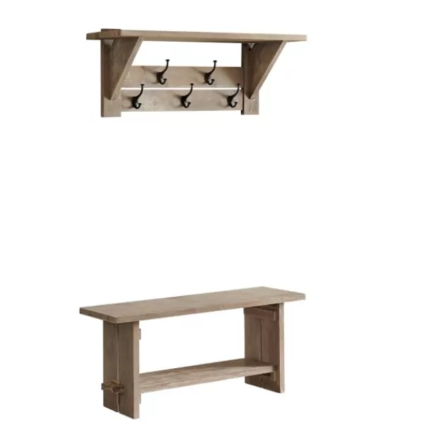 Entryway Furniture-Kirkland's Home Natural Mango Wood 2-Pc. Wall Hook And Bench Set