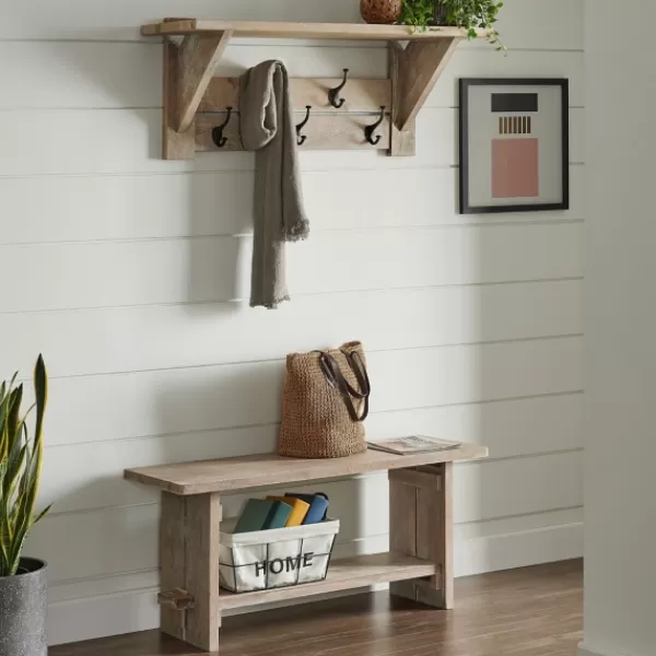 Entryway Furniture-Kirkland's Home Natural Mango Wood 2-Pc. Wall Hook And Bench Set