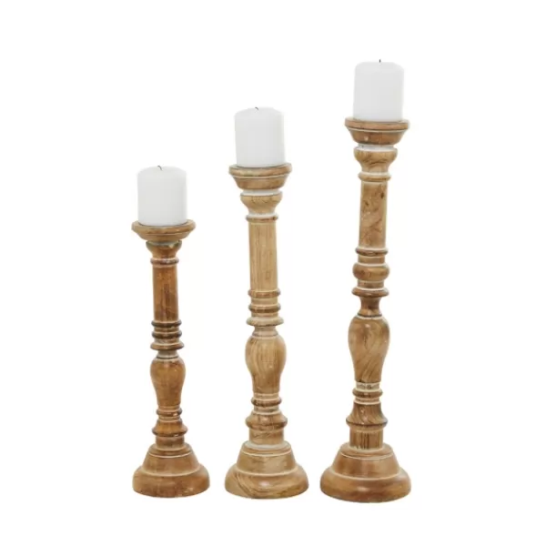 Candle Holders-Kirkland's Home Natural Mango Wood Carved Candle Holders, Set Of 3 Tan