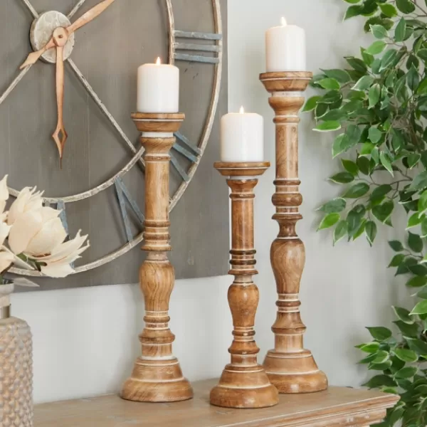 Candle Holders-Kirkland's Home Natural Mango Wood Carved Candle Holders, Set Of 3 Tan