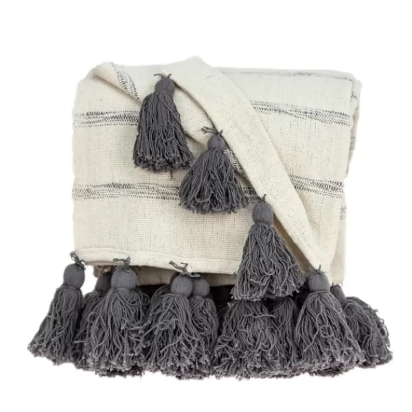 Blankets & Throws-Kirkland's Home Natural Striped Cotton Handloomed Tassel Throw White/Gray