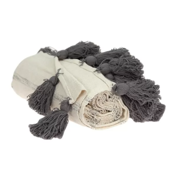 Blankets & Throws-Kirkland's Home Natural Striped Cotton Handloomed Tassel Throw White/Gray