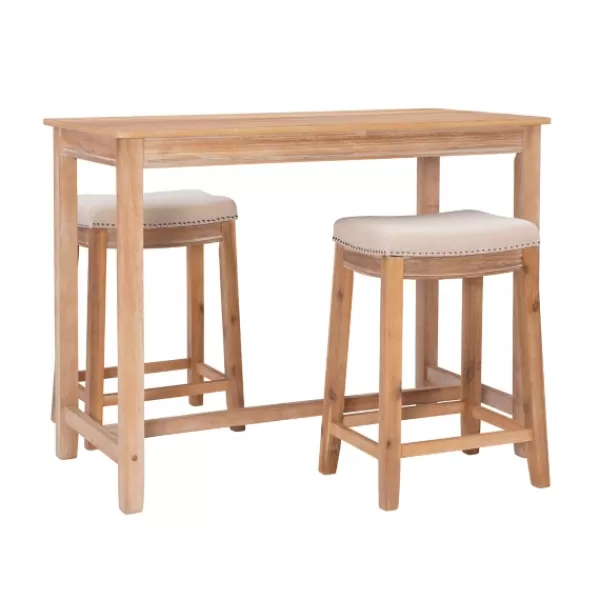 Dining Tables-Kirkland's Home Natural Wood & Upholstered Stools 3-Pc. Dining Set Tan