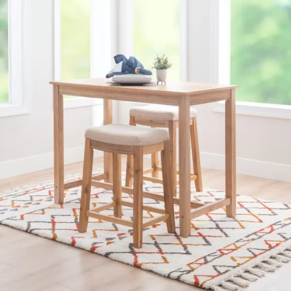 Dining Tables-Kirkland's Home Natural Wood & Upholstered Stools 3-Pc. Dining Set Tan