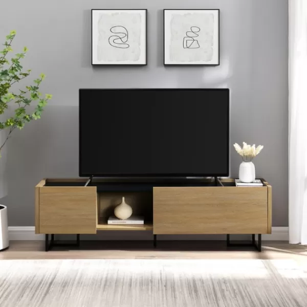 Tv Stands & Media Consoles-Kirkland's Home Natural Wood And Marble 2-Door Tv S D Tan