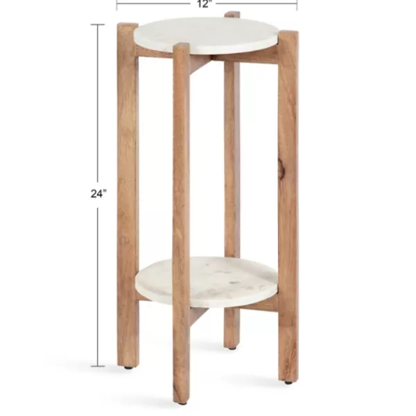 Accent & End Tables-Kirkland's Home Natural Wood And Marble Moxley Accent Table White/Tan