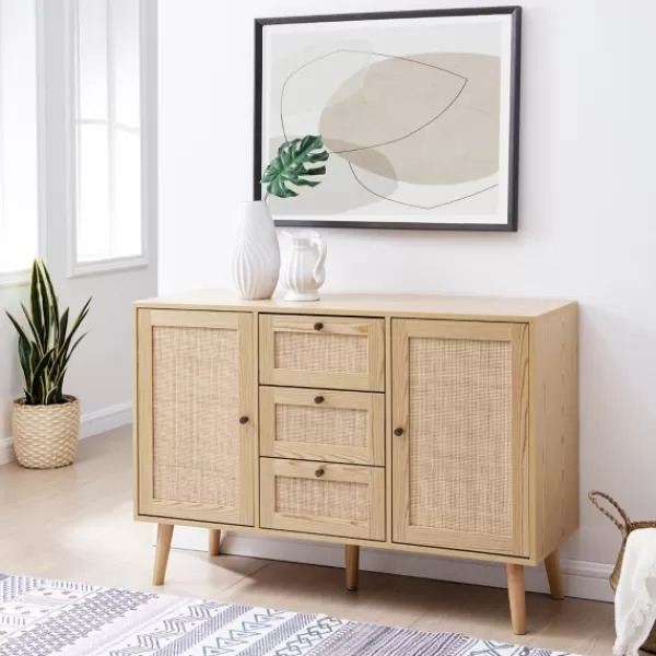 Cabinets & Sideboards-Kirkland's Home Natural Wood And Rat 3-Drawer Sideboard Tan