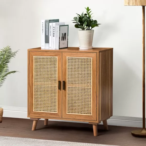 Cabinets & Sideboards-Kirkland's Home Natural Wood And Rattan 2-Door Cabinet Brown