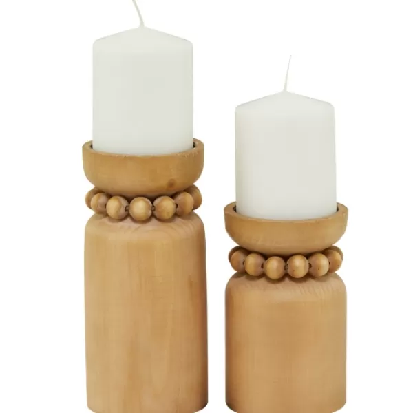 Candle Holders-Kirkland's Home Natural Wood Beaded Candle Holders, Set Of 2 Tan