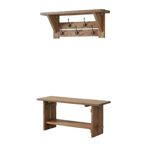 Entryway Furniture-Kirkland's Home Natural Wood Bench And Hooks 2-Pc. Hall Tree Set