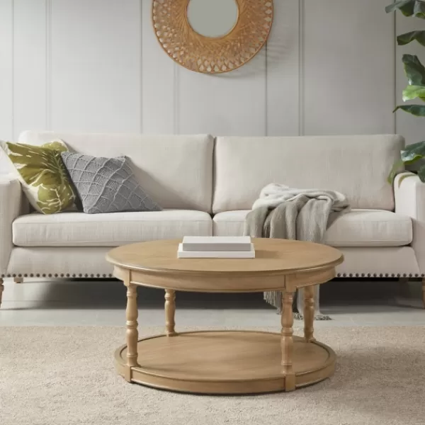 Coffee Tables-Kirkland's Home Natural Wood Finish Turned Leg Round Coffee Table