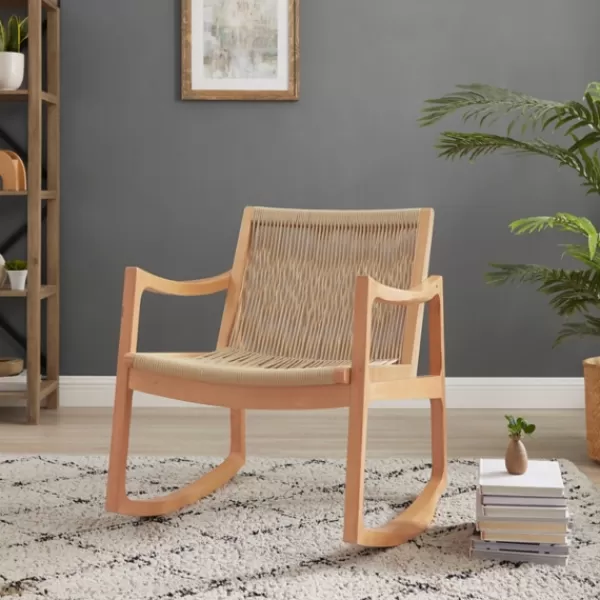 Accent Chairs-Kirkland's Home Natural Wood Modern Woven Rocking Chair Tan