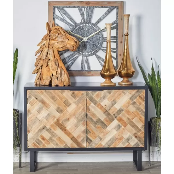 Cabinets & Sideboards-Kirkland's Home Natural Wood Mosaic Paneling Cabinet Black/Tan