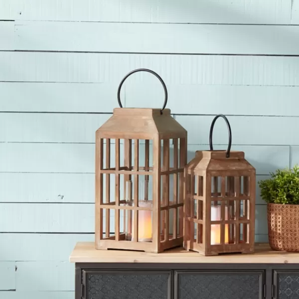 Lanterns-Kirkland's Home Natural Wood Windowpane Lantern, 17 In. Tan