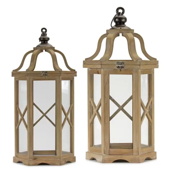 Lanterns-Kirkland's Home Natural Wood X-Frame Lanterns, Set Of 2 Tan