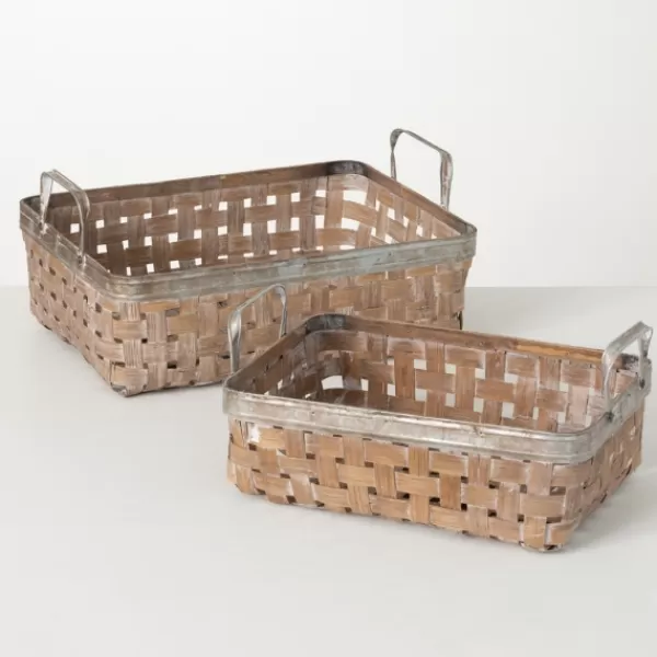 Baskets & Boxes-Kirkland's Home Natural Woven Reed And Metal Baskets, Set Of 2 Tan/Gray