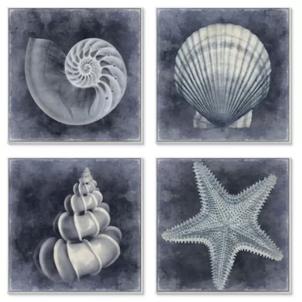 Framed Art-Kirkland's Home Nautical Seashells 4-Pc. Canvas Art Print Set Blue/White/Black