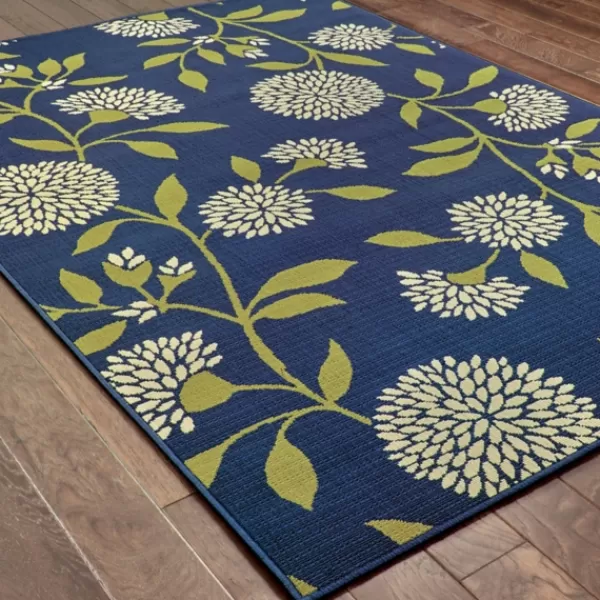 Outdoor Rugs-Kirkland's Home Navy And Green Floral Vine Outdoor Area Rug, 5X7 Blue/Green