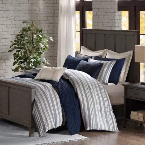 Comforters-Kirkland's Home Navy And Ivory Stripe 9-Pc. King Comforter Set Blue/White