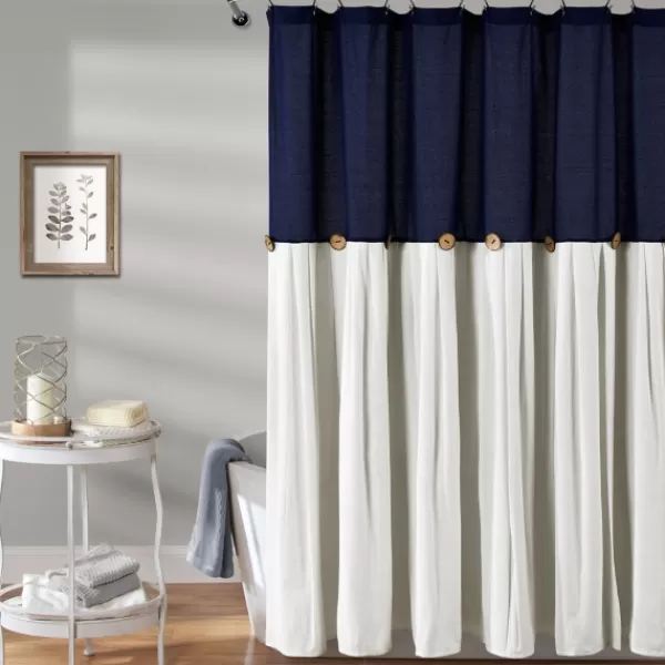 Shower Curtains-Kirkland's Home Navy And White Button Accent Linen Shower Curtain Blue