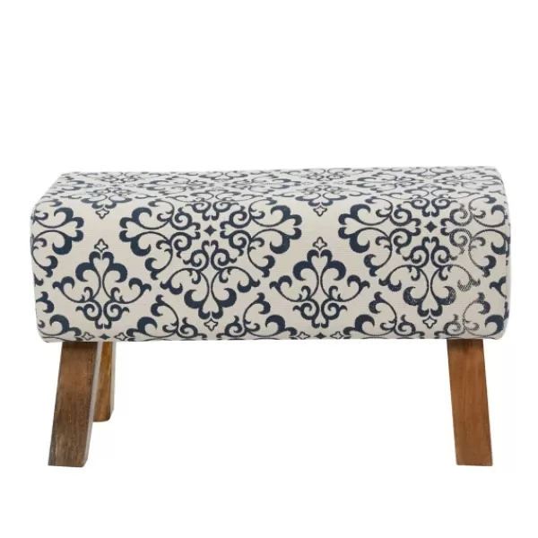 Benches & Ottomans-Kirkland's Home Navy And White Upholstered Scroll Bench Blue/White