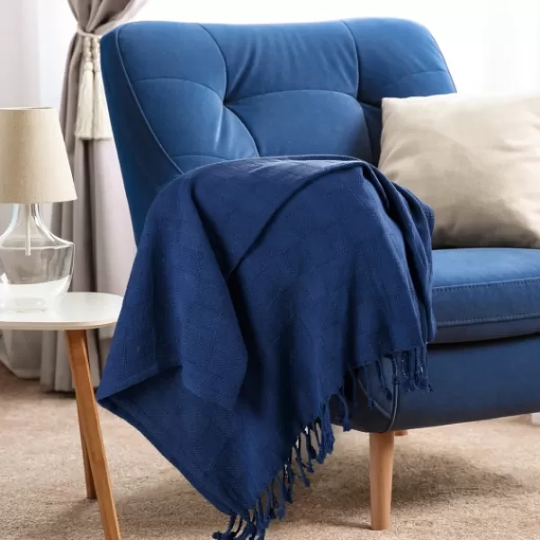 Blankets & Throws-Kirkland's Home Navy Checkered Weave Fringe Throw Blue