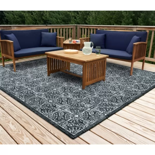 Outdoor Rugs-Kirkland's Home Navy Embellished Indoor/Outdoor Area Rug, 7X7 Blue/White