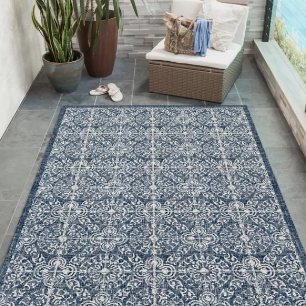 Outdoor Rugs-Kirkland's Home Navy Embellished Scroll Indoor/Outdoor Rug, 4X7 Blue/White