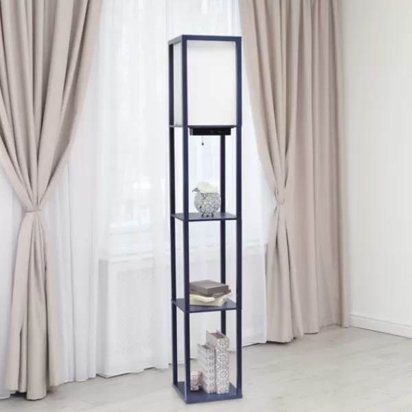 Floor Lamps-Kirkland's Home Navy Etagere Shelf Charging Floor Lamp Blue