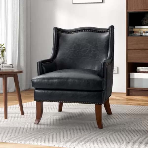 Accent Chairs-Kirkland's Home Navy Faux Leather Wingback Accent Chair Blue